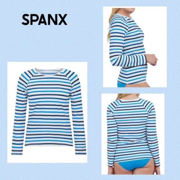 SPANX Ocean Stripe Coastal Blue Swim Shirt Rash Guard Medium - Picture 1 of 10